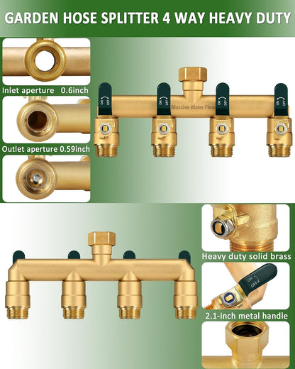 4 Way Hose Splitter Heavy Duty, Garden Hose Splitter with 4 Long Handle, Full Flow Brass Nickel Plated Water Hose T Spigot Splitter Adapter Connector, 3/4 - Inch GHT Thread (Black)