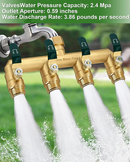 4 Way Hose Splitter Heavy Duty, Garden Hose Splitter with 4 Long Handle, Full Flow Brass Nickel Plated Water Hose T Spigot Splitter Adapter Connector, 3/4 - Inch GHT Thread (Black)