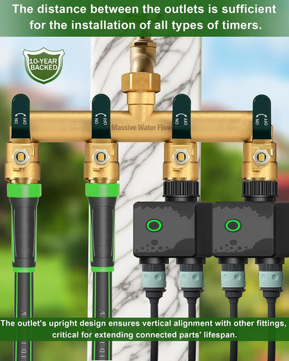 4 Way Hose Splitter Heavy Duty, Garden Hose Splitter with 4 Long Handle, Full Flow Brass Nickel Plated Water Hose T Spigot Splitter Adapter Connector, 3/4 - Inch GHT Thread (Black)