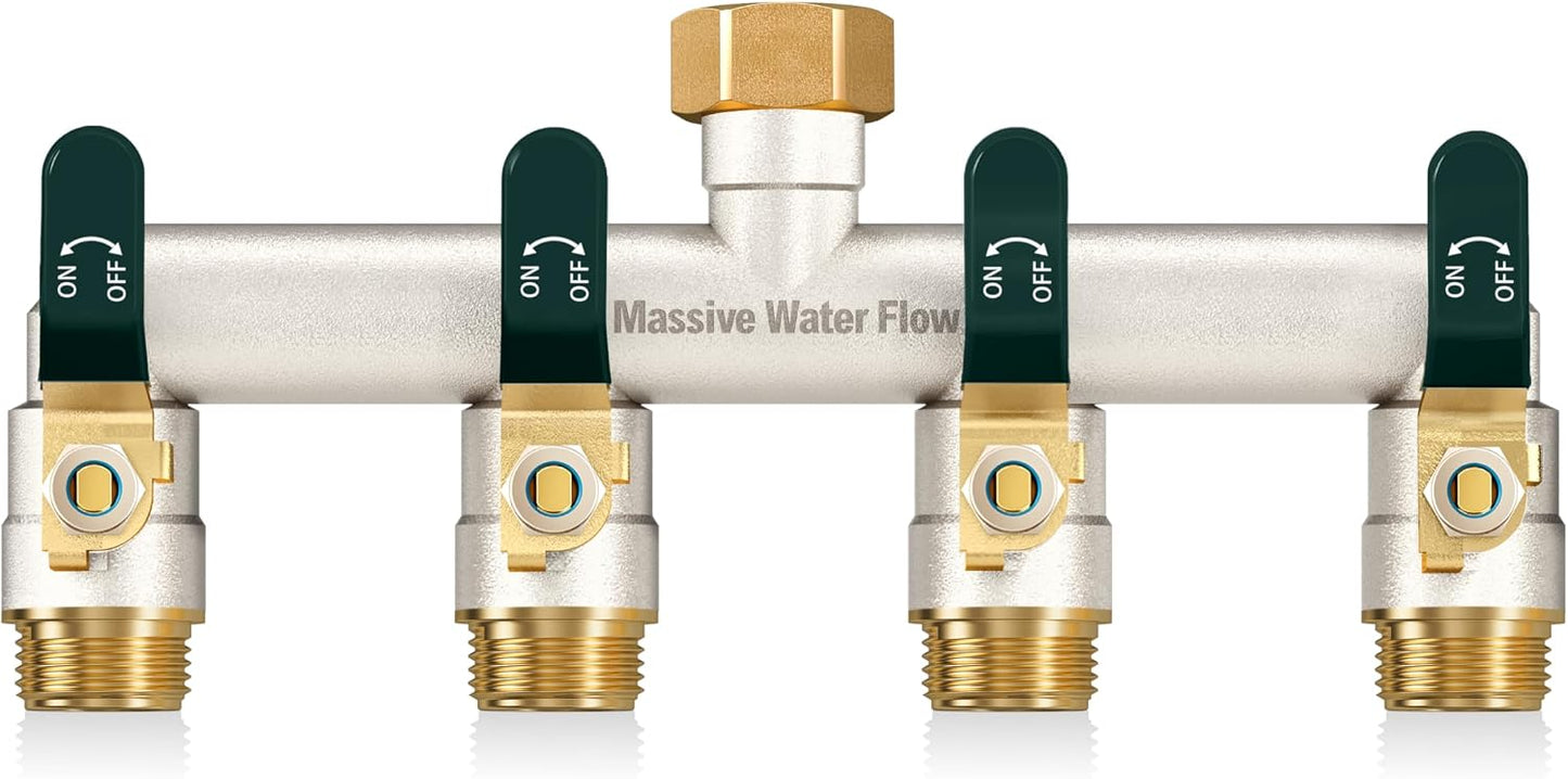 4 Way Hose Splitter Heavy Duty, Garden Hose Splitter with 4 Long Handle, Full Flow Brass Nickel Plated Water Hose T Spigot Splitter Adapter Connector, 3/4 - Inch GHT Thread (Black)