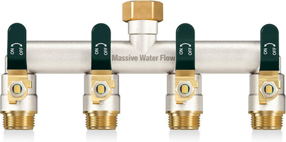 4 Way Hose Splitter Heavy Duty, Garden Hose Splitter with 4 Long Handle, Full Flow Brass Nickel Plated Water Hose T Spigot Splitter Adapter Connector, 3/4 - Inch GHT Thread (Black)