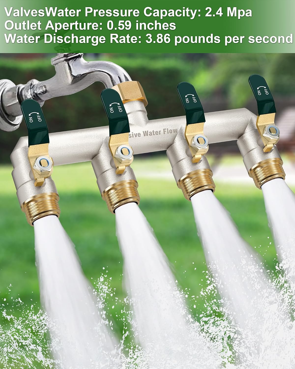 4 Way Hose Splitter Heavy Duty, Garden Hose Splitter with 4 Long Handle, Full Flow Brass Nickel Plated Water Hose T Spigot Splitter Adapter Connector, 3/4 - Inch GHT Thread (Black)