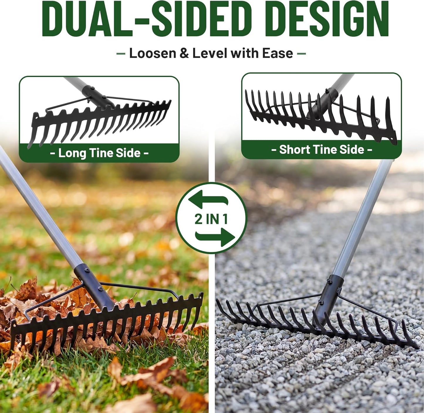 Heavy Duty Dual-Sided Bow Rake, 63" Stainless Steel Handle, Heat-Treated Manganese Steel Head, 17 Steel Tines Metal Garden Rake for Soil Loosening, Yard Leveling, Lawn Care and Thatch Removal