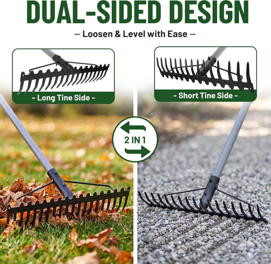 Heavy Duty Dual-Sided Bow Rake, 63" Stainless Steel Handle, Heat-Treated Manganese Steel Head, 17 Steel Tines Metal Garden Rake for Soil Loosening, Yard Leveling, Lawn Care and Thatch Removal