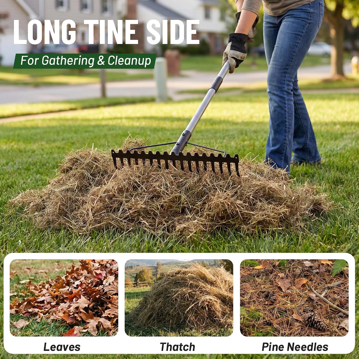 Heavy Duty Dual-Sided Bow Rake, 63" Stainless Steel Handle, Heat-Treated Manganese Steel Head, 17 Steel Tines Metal Garden Rake for Soil Loosening, Yard Leveling, Lawn Care and Thatch Removal