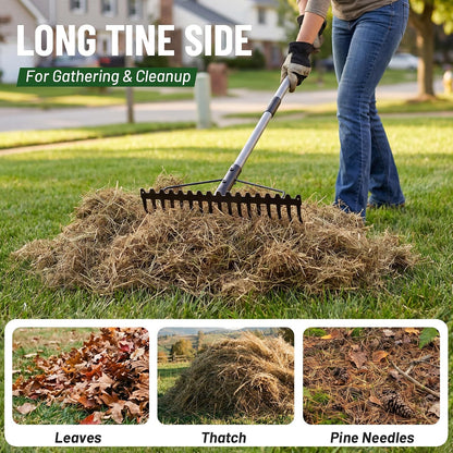 Heavy Duty Dual-Sided Bow Rake, 63" Stainless Steel Handle, Heat-Treated Manganese Steel Head, 17 Steel Tines Metal Garden Rake for Soil Loosening, Yard Leveling, Lawn Care and Thatch Removal