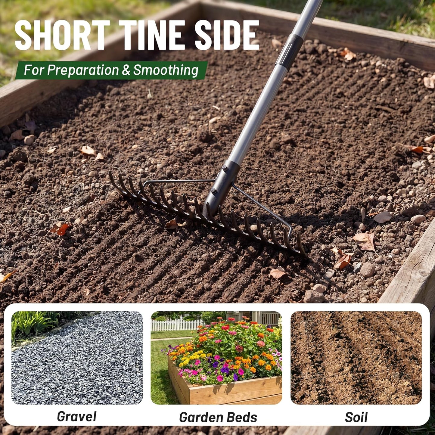 Heavy Duty Dual-Sided Bow Rake, 63" Stainless Steel Handle, Heat-Treated Manganese Steel Head, 17 Steel Tines Metal Garden Rake for Soil Loosening, Yard Leveling, Lawn Care and Thatch Removal