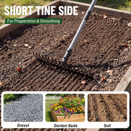 Heavy Duty Dual-Sided Bow Rake, 63" Stainless Steel Handle, Heat-Treated Manganese Steel Head, 17 Steel Tines Metal Garden Rake for Soil Loosening, Yard Leveling, Lawn Care and Thatch Removal