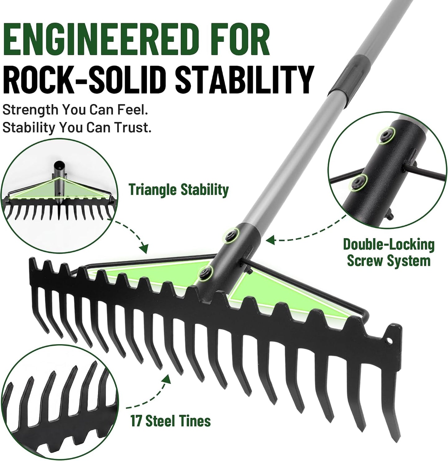 Heavy Duty Dual-Sided Bow Rake, 63" Stainless Steel Handle, Heat-Treated Manganese Steel Head, 17 Steel Tines Metal Garden Rake for Soil Loosening, Yard Leveling, Lawn Care and Thatch Removal