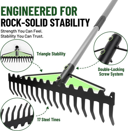 Heavy Duty Dual-Sided Bow Rake, 63" Stainless Steel Handle, Heat-Treated Manganese Steel Head, 17 Steel Tines Metal Garden Rake for Soil Loosening, Yard Leveling, Lawn Care and Thatch Removal