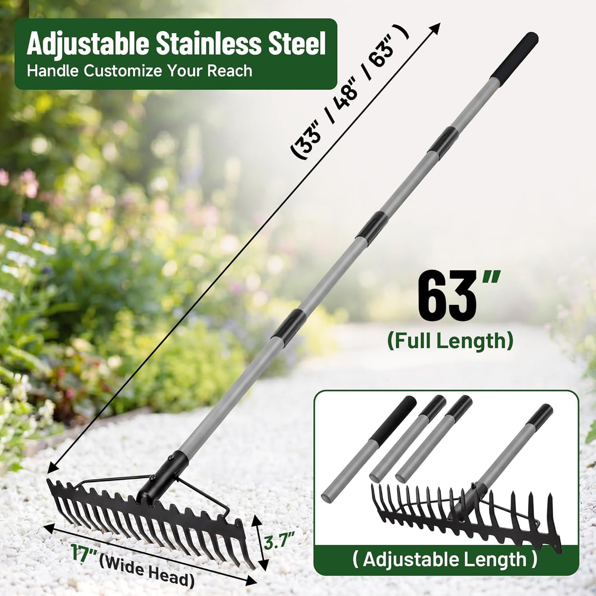 Heavy Duty Dual-Sided Bow Rake, 63" Stainless Steel Handle, Heat-Treated Manganese Steel Head, 17 Steel Tines Metal Garden Rake for Soil Loosening, Yard Leveling, Lawn Care and Thatch Removal