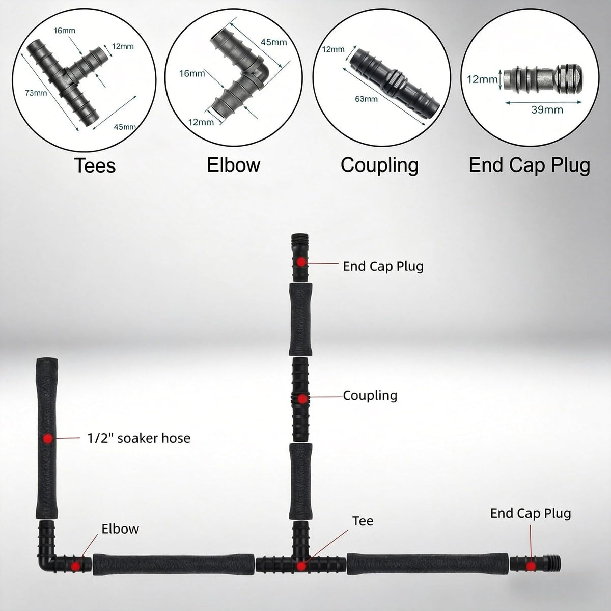 3/8" Soaker Hose Fittings Kit, 20 Pcs Garden Hose Irrigation Connectors with Tees, Feeders, Plugs, Male and Female Connectors, Drip System Parts for Garden Lawn