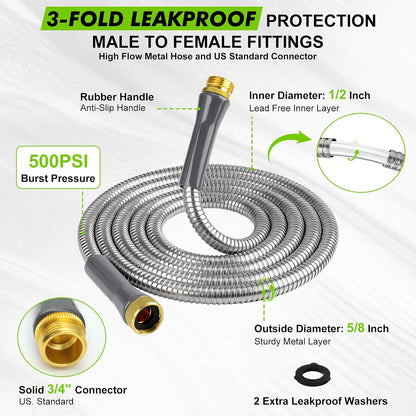 6ft Short Metal Garden Hose, Leakproof Stainless Steel Water Hose Extension