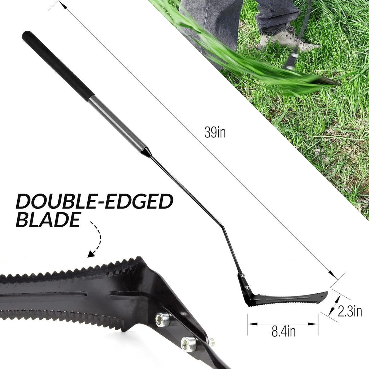 39in Serrated Steel Scythe, Grass Whip for Tall Grass & Weeds
