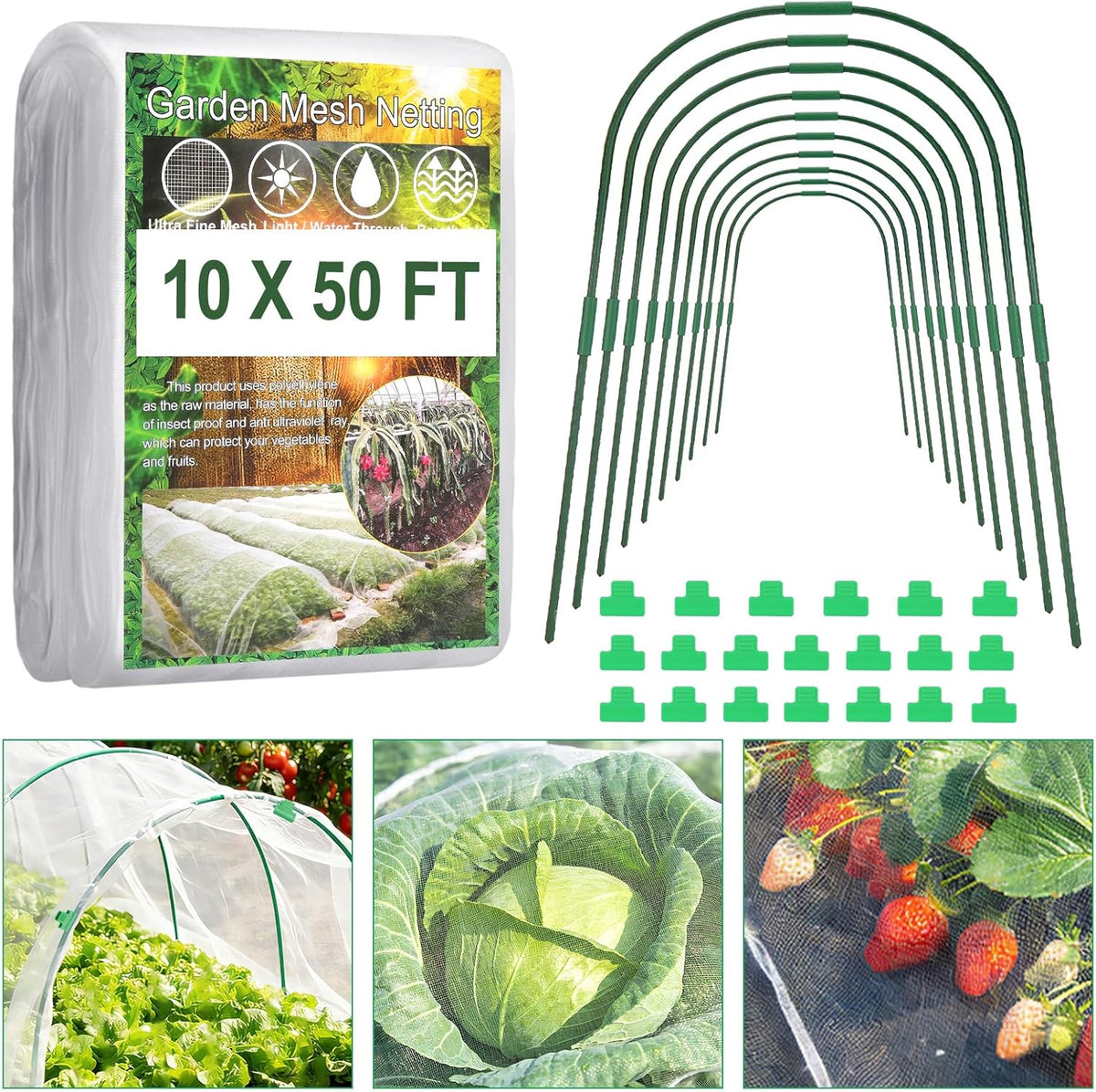 Garden Netting Kit, 10 X 50FT Garden Netting Pest Barrier with 10 Sets Garden Hoops and 20pcs Clips, Insect Netting Row Cover for Raised Beds Vegetable Fruits Flowers Protection