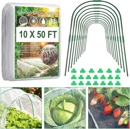 Garden Netting Kit, 10 X 50FT Garden Netting Pest Barrier with 10 Sets Garden Hoops and 20pcs Clips, Insect Netting Row Cover for Raised Beds Vegetable Fruits Flowers Protection