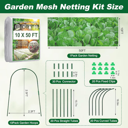 Garden Netting Kit, 10 X 50FT Garden Netting Pest Barrier with 10 Sets Garden Hoops and 20pcs Clips, Insect Netting Row Cover for Raised Beds Vegetable Fruits Flowers Protection