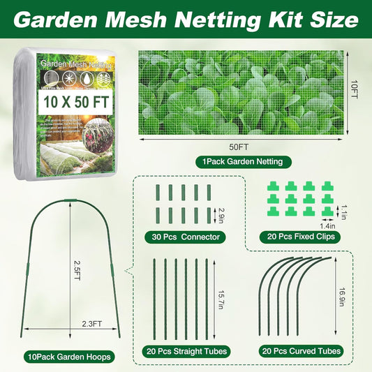 Garden Netting Kit, 10 X 50FT Garden Netting Pest Barrier with 10 Sets Garden Hoops and 20pcs Clips, Insect Netting Row Cover for Raised Beds Vegetable Fruits Flowers Protection