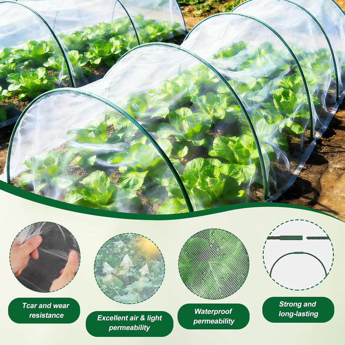 Garden Netting Kit, 10 X 50FT Garden Netting Pest Barrier with 10 Sets Garden Hoops and 20pcs Clips, Insect Netting Row Cover for Raised Beds Vegetable Fruits Flowers Protection