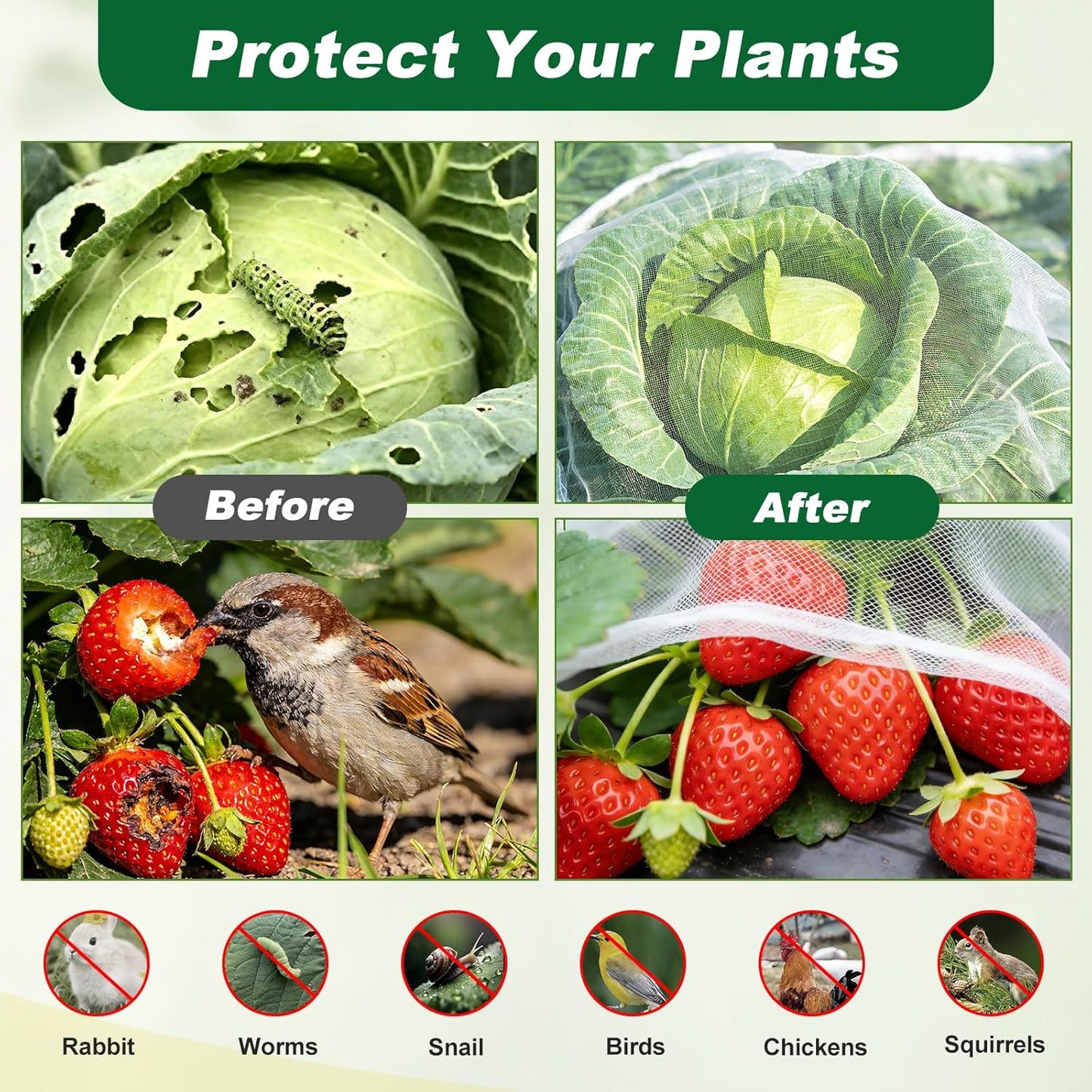 Garden Netting Kit, 10 X 50FT Garden Netting Pest Barrier with 10 Sets Garden Hoops and 20pcs Clips, Insect Netting Row Cover for Raised Beds Vegetable Fruits Flowers Protection