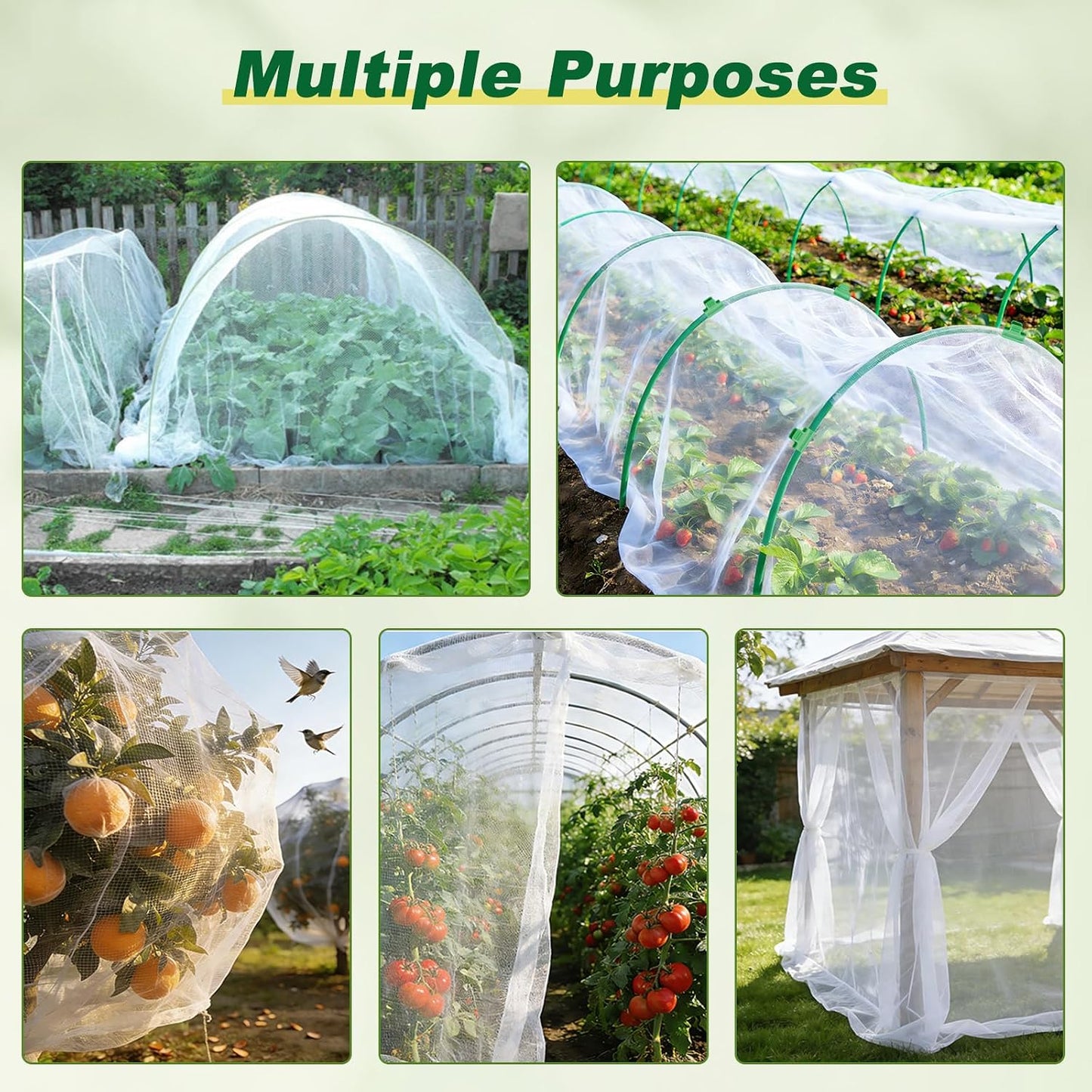 Garden Netting Kit, 10 X 50FT Garden Netting Pest Barrier with 10 Sets Garden Hoops and 20pcs Clips, Insect Netting Row Cover for Raised Beds Vegetable Fruits Flowers Protection