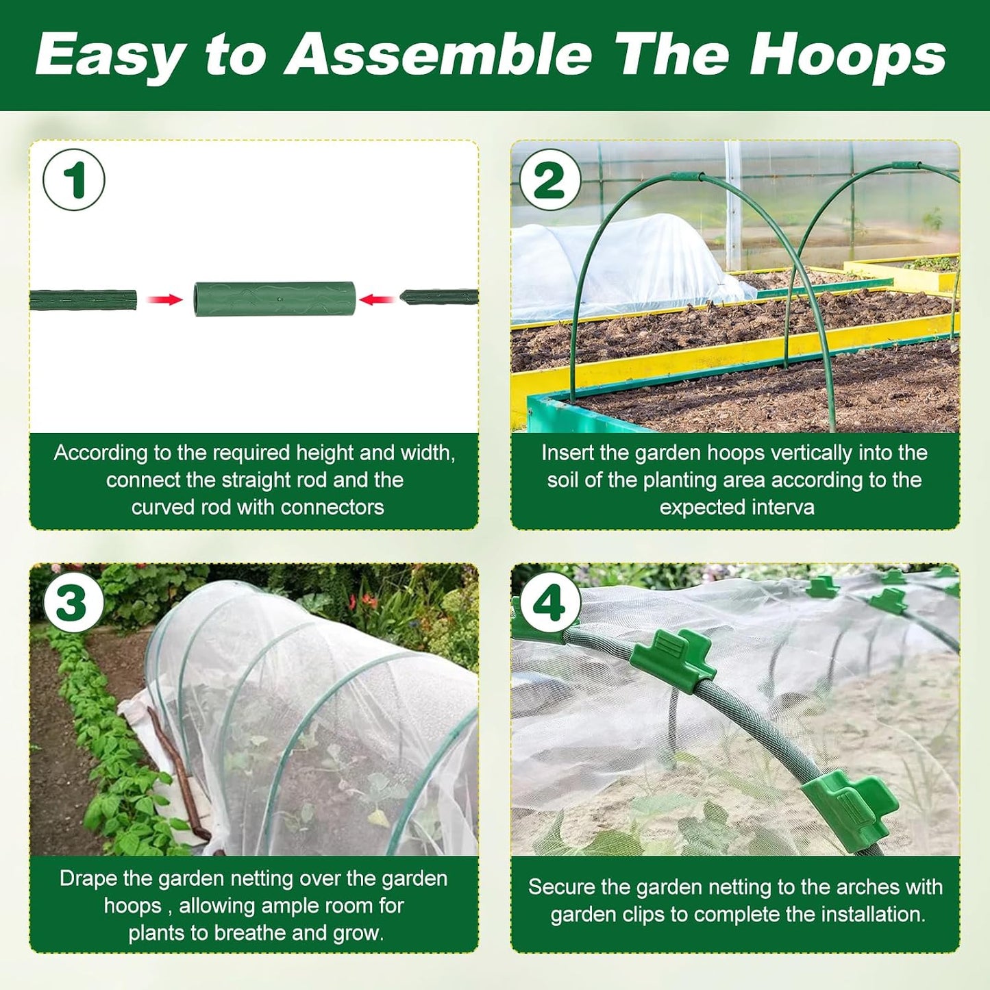 Garden Netting Kit, 10 X 50FT Garden Netting Pest Barrier with 10 Sets Garden Hoops and 20pcs Clips, Insect Netting Row Cover for Raised Beds Vegetable Fruits Flowers Protection