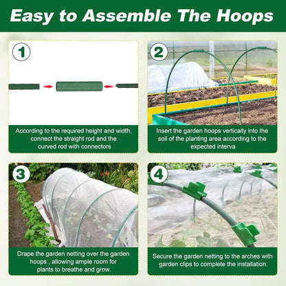 Garden Netting Kit, 10 X 50FT Garden Netting Pest Barrier with 10 Sets Garden Hoops and 20pcs Clips, Insect Netting Row Cover for Raised Beds Vegetable Fruits Flowers Protection