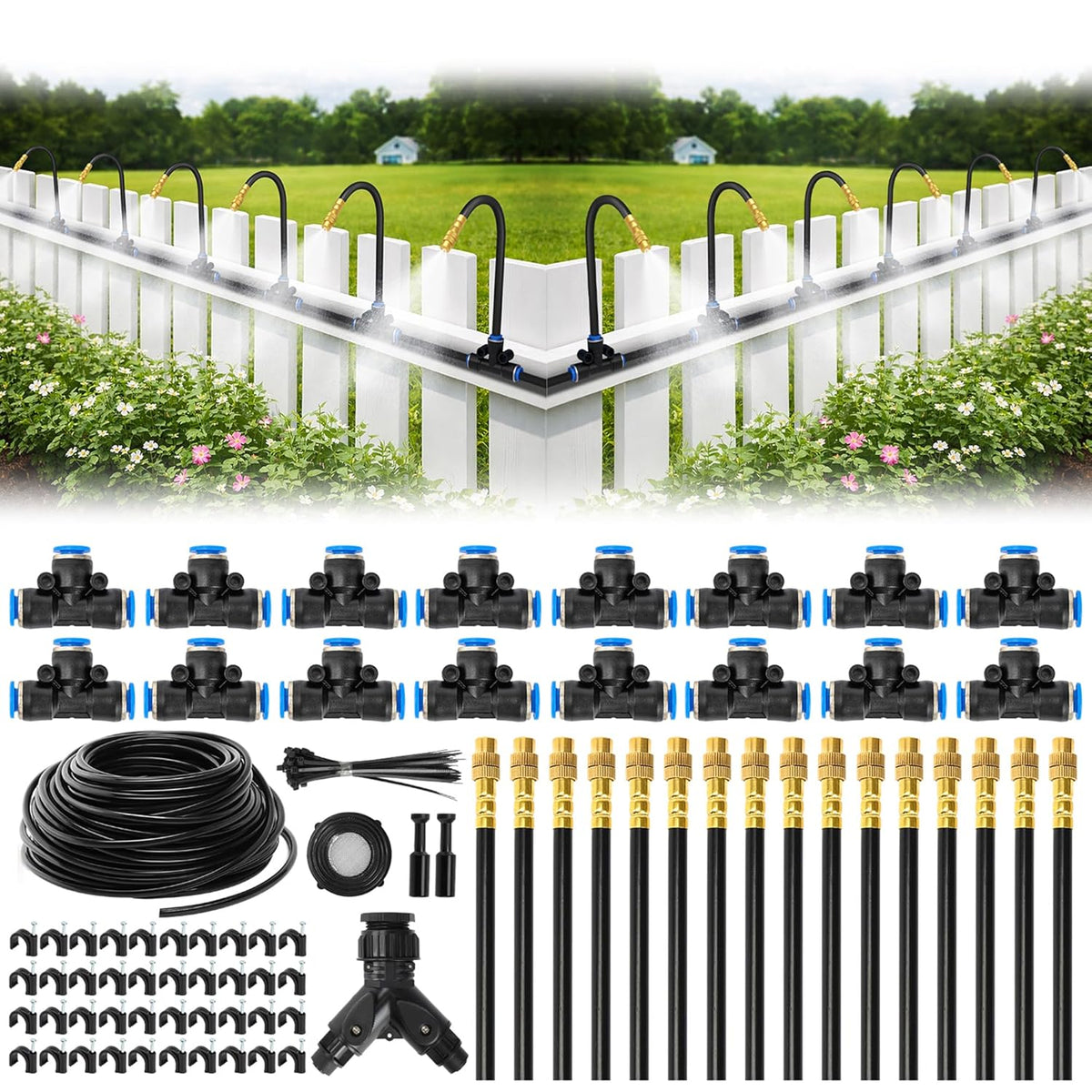 Drip Irrigation System 100FT 1/4", 2026-Upgrade Garden Sprinkler Kit with 16PCS 360° Adjustable Copper Nozzles, Automatic Misting Watering System for Raised Beds, Greenhouse, Lawn, Patio, Yard