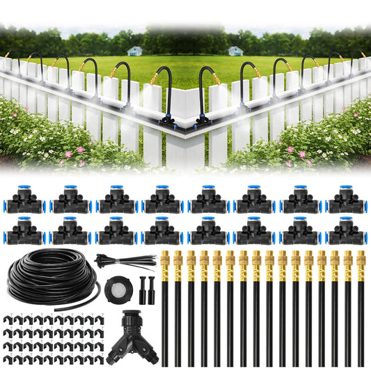 Drip Irrigation System 100FT 1/4", 2026-Upgrade Garden Sprinkler Kit with 16PCS 360° Adjustable Copper Nozzles, Automatic Misting Watering System for Raised Beds, Greenhouse, Lawn, Patio, Yard