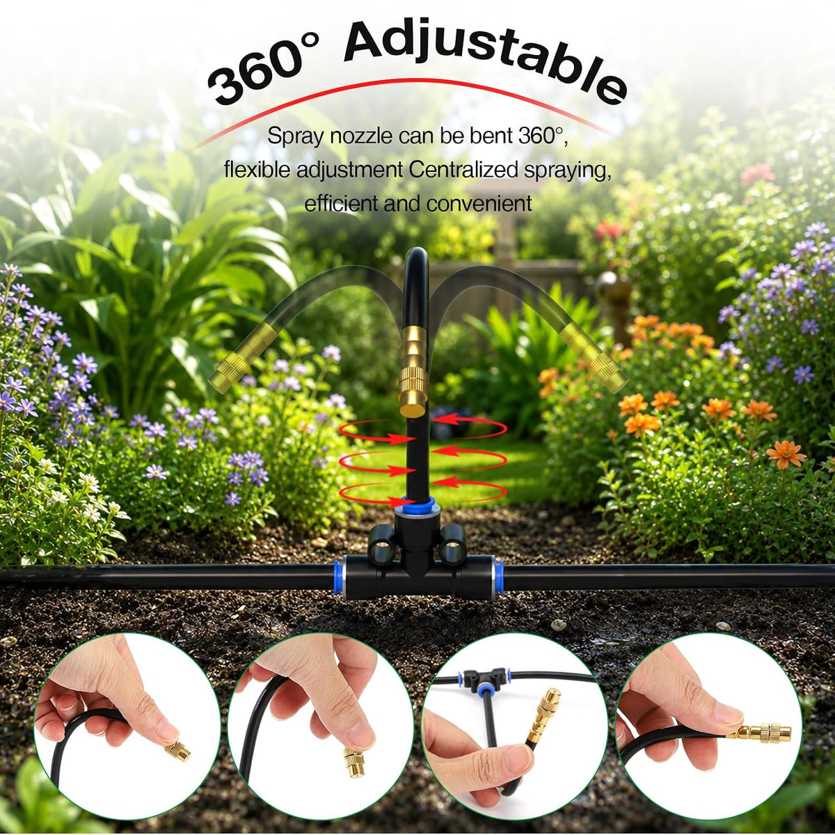 Drip Irrigation System 100FT 1/4", 2026-Upgrade Garden Sprinkler Kit with 16PCS 360° Adjustable Copper Nozzles, Automatic Misting Watering System for Raised Beds, Greenhouse, Lawn, Patio, Yard