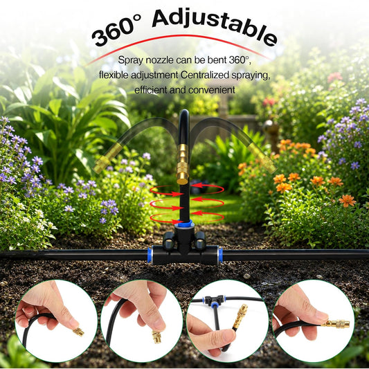 Drip Irrigation System 100FT 1/4", 2026-Upgrade Garden Sprinkler Kit with 16PCS 360° Adjustable Copper Nozzles, Automatic Misting Watering System for Raised Beds, Greenhouse, Lawn, Patio, Yard