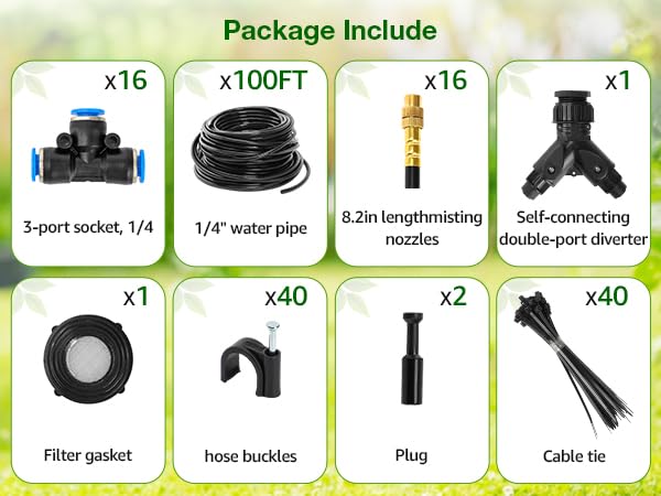 Drip Irrigation System 100FT 1/4", 2026-Upgrade Garden Sprinkler Kit with 16PCS 360° Adjustable Copper Nozzles, Automatic Misting Watering System for Raised Beds, Greenhouse, Lawn, Patio, Yard