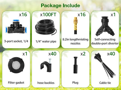 Drip Irrigation System 100FT 1/4", 2026-Upgrade Garden Sprinkler Kit with 16PCS 360° Adjustable Copper Nozzles, Automatic Misting Watering System for Raised Beds, Greenhouse, Lawn, Patio, Yard