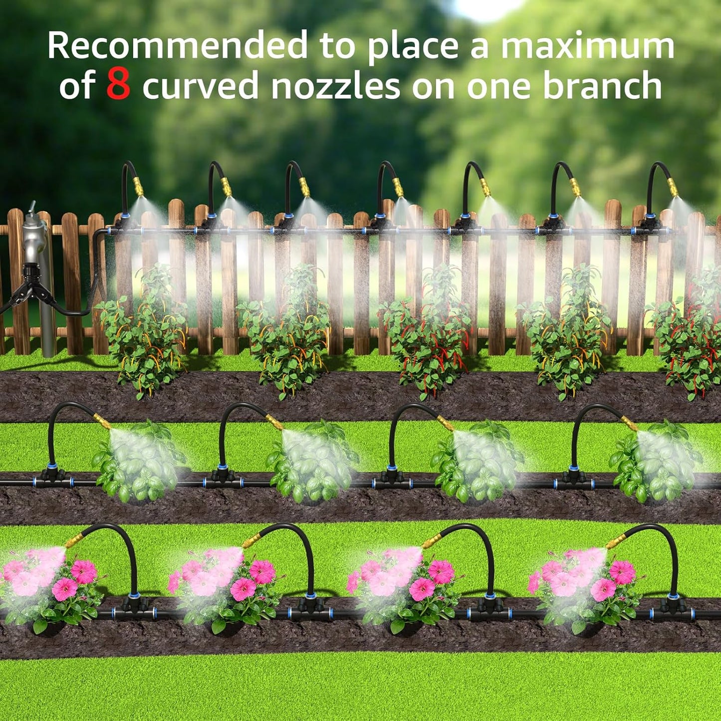 Drip Irrigation System 100FT 1/4", 2026-Upgrade Garden Sprinkler Kit with 16PCS 360° Adjustable Copper Nozzles, Automatic Misting Watering System for Raised Beds, Greenhouse, Lawn, Patio, Yard
