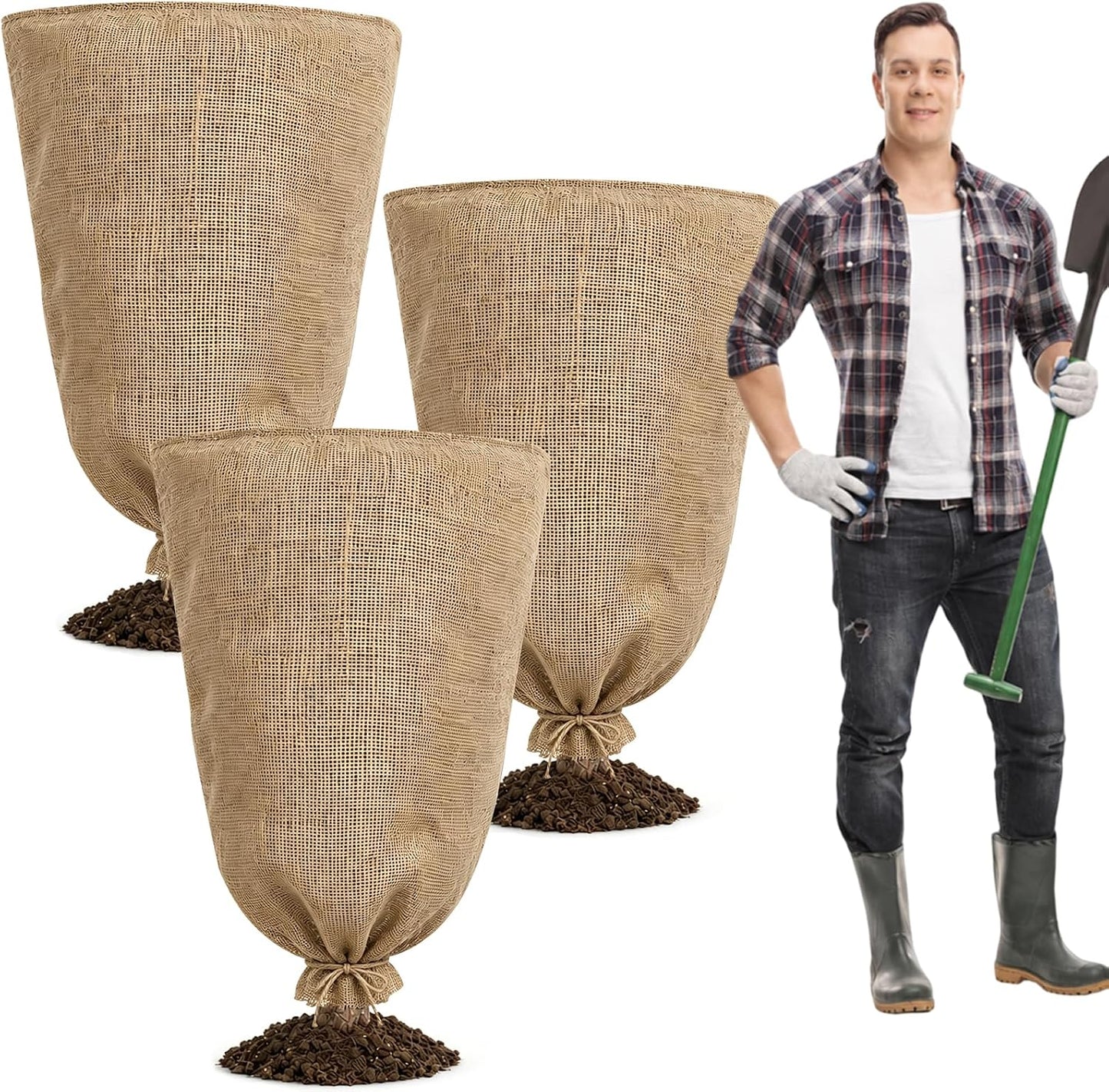 3 Pack 24'' x 40'' Reusable Warm Burlap Winter Plant Cover Bags with Drawstring Burlap Plant Covers Freeze Protection Large Plant Frost Cloth Cold Freeze Blanket Protecting Fruit Tree Potted Plants