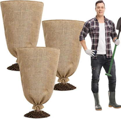 3 Pack 24'' x 40'' Reusable Warm Burlap Winter Plant Cover Bags with Drawstring Burlap Plant Covers Freeze Protection Large Plant Frost Cloth Cold Freeze Blanket Protecting Fruit Tree Potted Plants