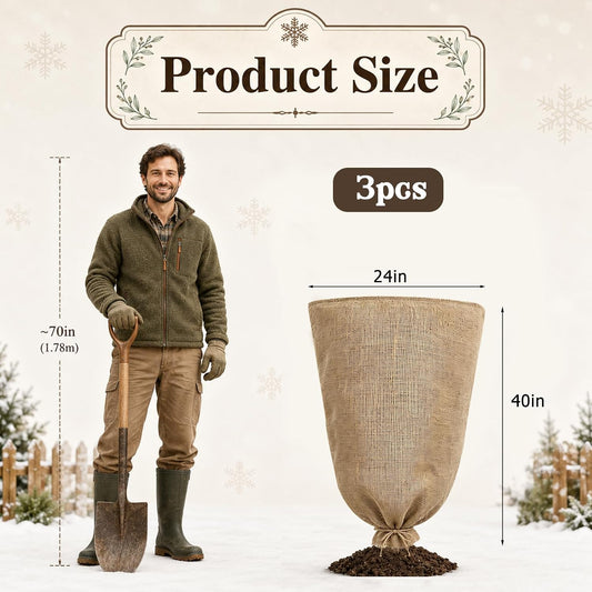 3 Pack 24'' x 40'' Reusable Warm Burlap Winter Plant Cover Bags with Drawstring Burlap Plant Covers Freeze Protection Large Plant Frost Cloth Cold Freeze Blanket Protecting Fruit Tree Potted Plants