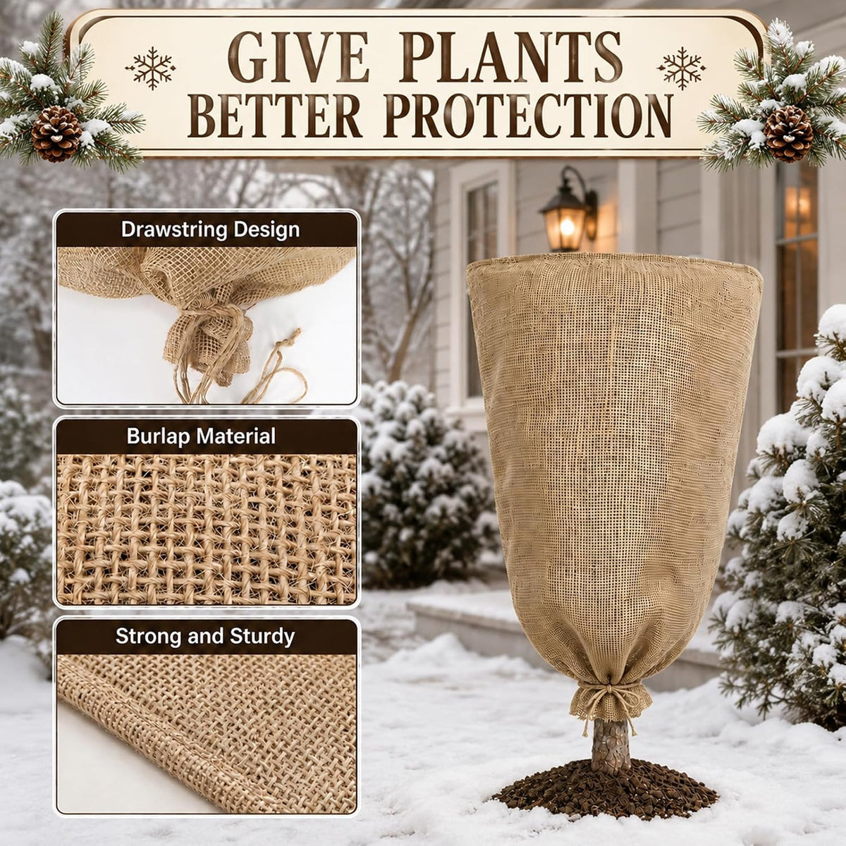 3 Pack 24'' x 40'' Reusable Warm Burlap Winter Plant Cover Bags with Drawstring Burlap Plant Covers Freeze Protection Large Plant Frost Cloth Cold Freeze Blanket Protecting Fruit Tree Potted Plants