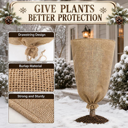 3 Pack 24'' x 40'' Reusable Warm Burlap Winter Plant Cover Bags with Drawstring Burlap Plant Covers Freeze Protection Large Plant Frost Cloth Cold Freeze Blanket Protecting Fruit Tree Potted Plants