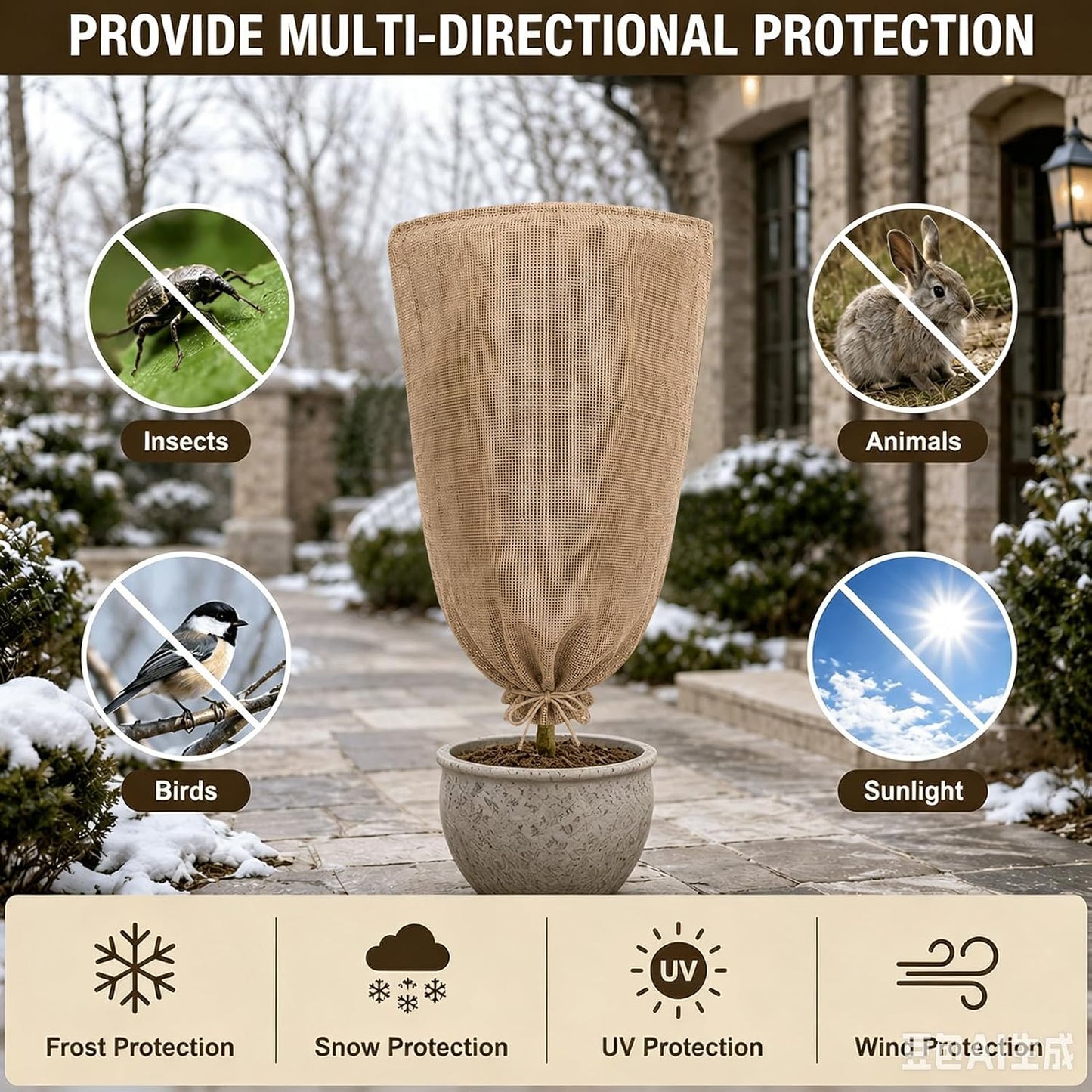 3 Pack 24'' x 40'' Reusable Warm Burlap Winter Plant Cover Bags with Drawstring Burlap Plant Covers Freeze Protection Large Plant Frost Cloth Cold Freeze Blanket Protecting Fruit Tree Potted Plants