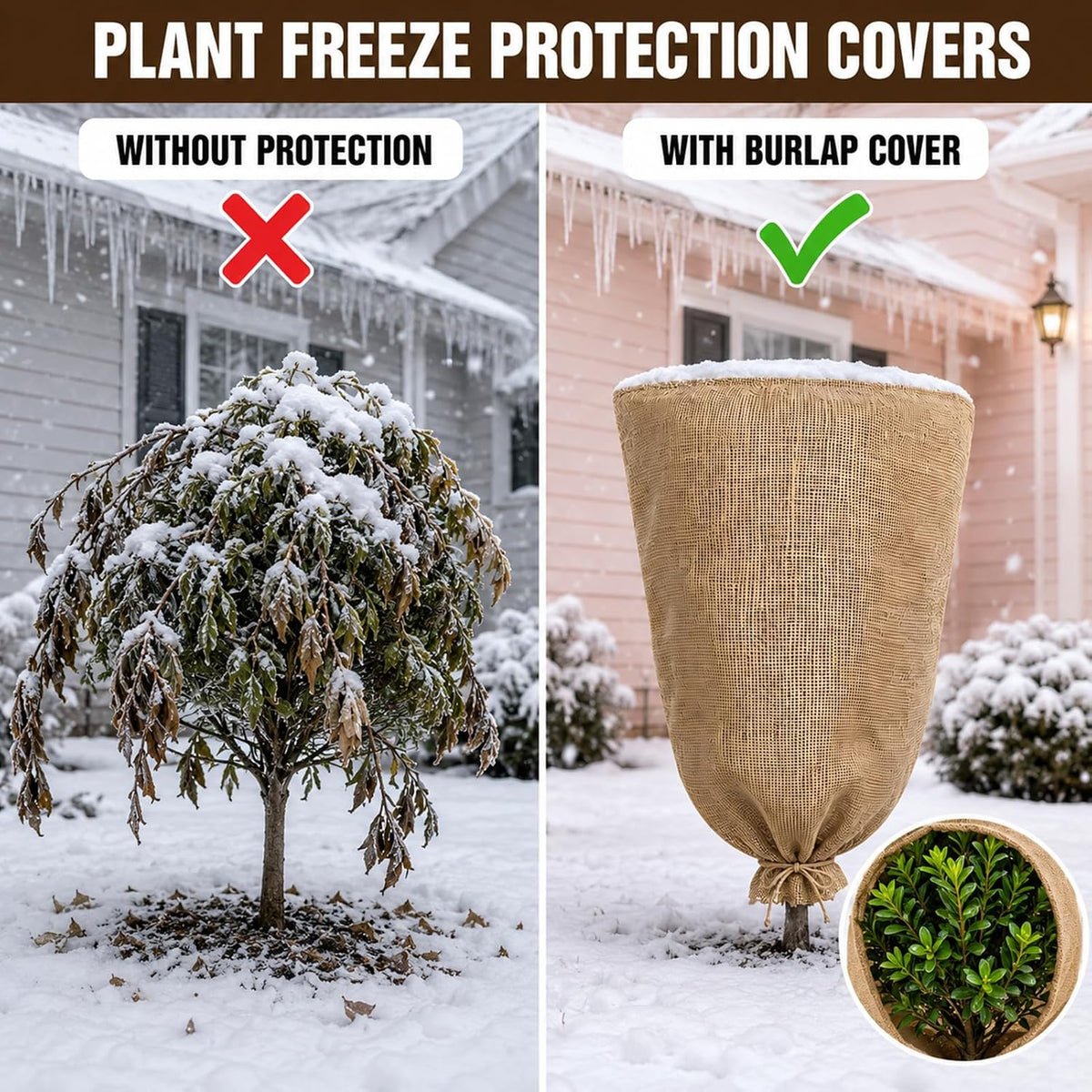 3 Pack 24'' x 40'' Reusable Warm Burlap Winter Plant Cover Bags with Drawstring Burlap Plant Covers Freeze Protection Large Plant Frost Cloth Cold Freeze Blanket Protecting Fruit Tree Potted Plants