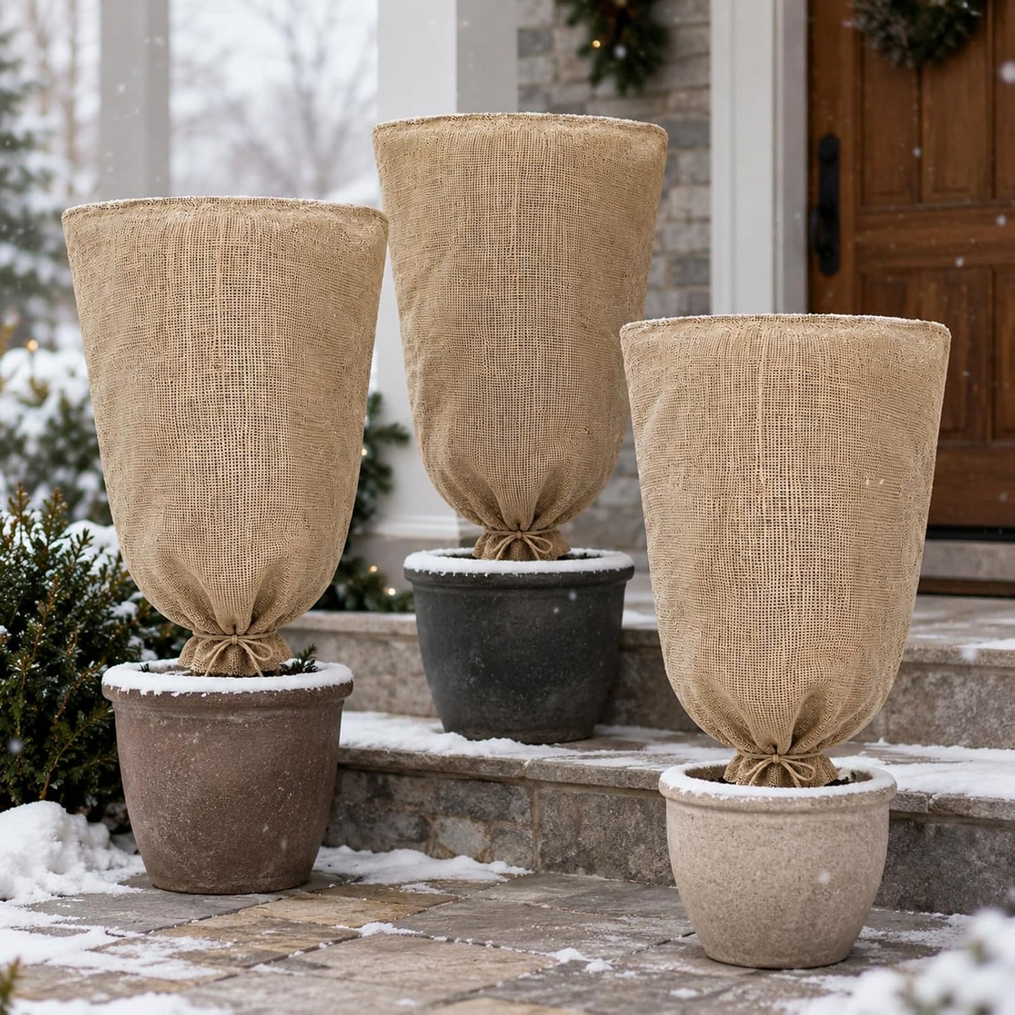 3 Pack 24'' x 40'' Reusable Warm Burlap Winter Plant Cover Bags with Drawstring Burlap Plant Covers Freeze Protection Large Plant Frost Cloth Cold Freeze Blanket Protecting Fruit Tree Potted Plants