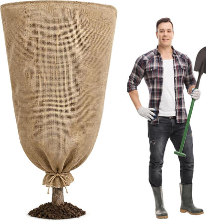 3 Pack 24'' x 40'' Reusable Warm Burlap Winter Plant Cover Bags with Drawstring Burlap Plant Covers Freeze Protection Large Plant Frost Cloth Cold Freeze Blanket Protecting Fruit Tree Potted Plants