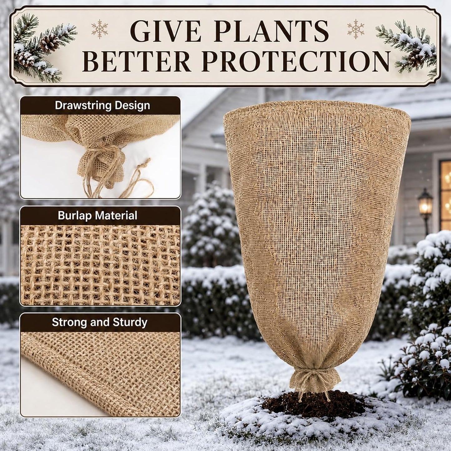3 Pack 24'' x 40'' Reusable Warm Burlap Winter Plant Cover Bags with Drawstring Burlap Plant Covers Freeze Protection Large Plant Frost Cloth Cold Freeze Blanket Protecting Fruit Tree Potted Plants