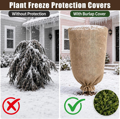 3 Pack 24'' x 40'' Reusable Warm Burlap Winter Plant Cover Bags with Drawstring Burlap Plant Covers Freeze Protection Large Plant Frost Cloth Cold Freeze Blanket Protecting Fruit Tree Potted Plants