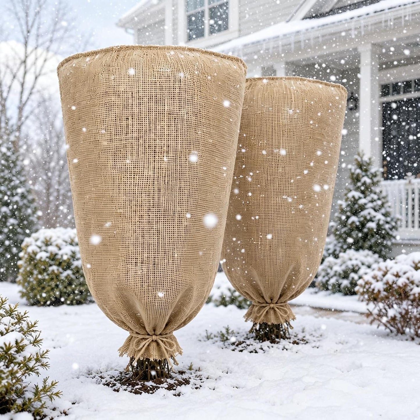 3 Pack 24'' x 40'' Reusable Warm Burlap Winter Plant Cover Bags with Drawstring Burlap Plant Covers Freeze Protection Large Plant Frost Cloth Cold Freeze Blanket Protecting Fruit Tree Potted Plants