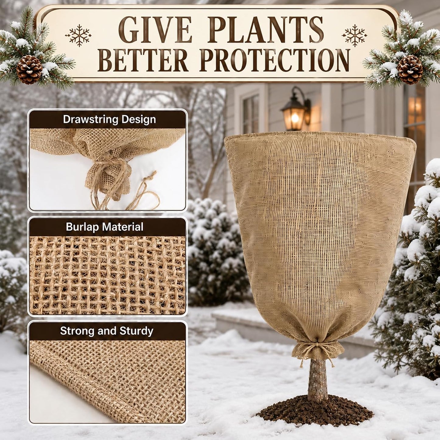 3 Pack 24'' x 40'' Reusable Warm Burlap Winter Plant Cover Bags with Drawstring Burlap Plant Covers Freeze Protection Large Plant Frost Cloth Cold Freeze Blanket Protecting Fruit Tree Potted Plants