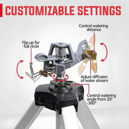 2 Pcs Impact Sprinkler on Adjustable Tripod Base, 360 Degree Large Area, Heavy Duty Adjustable Pulsator Sprinkler for Lawn, Yard and Grass Irrigation, Spray up to 20-90ft