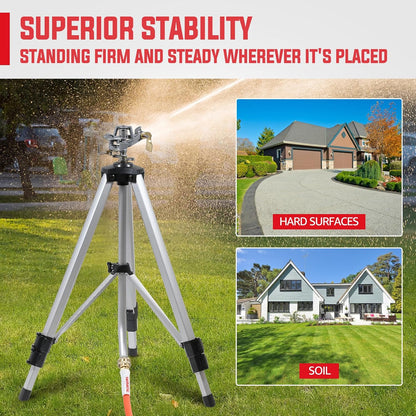 2 Pcs Impact Sprinkler on Adjustable Tripod Base, 360 Degree Large Area, Heavy Duty Adjustable Pulsator Sprinkler for Lawn, Yard and Grass Irrigation, Spray up to 20-90ft