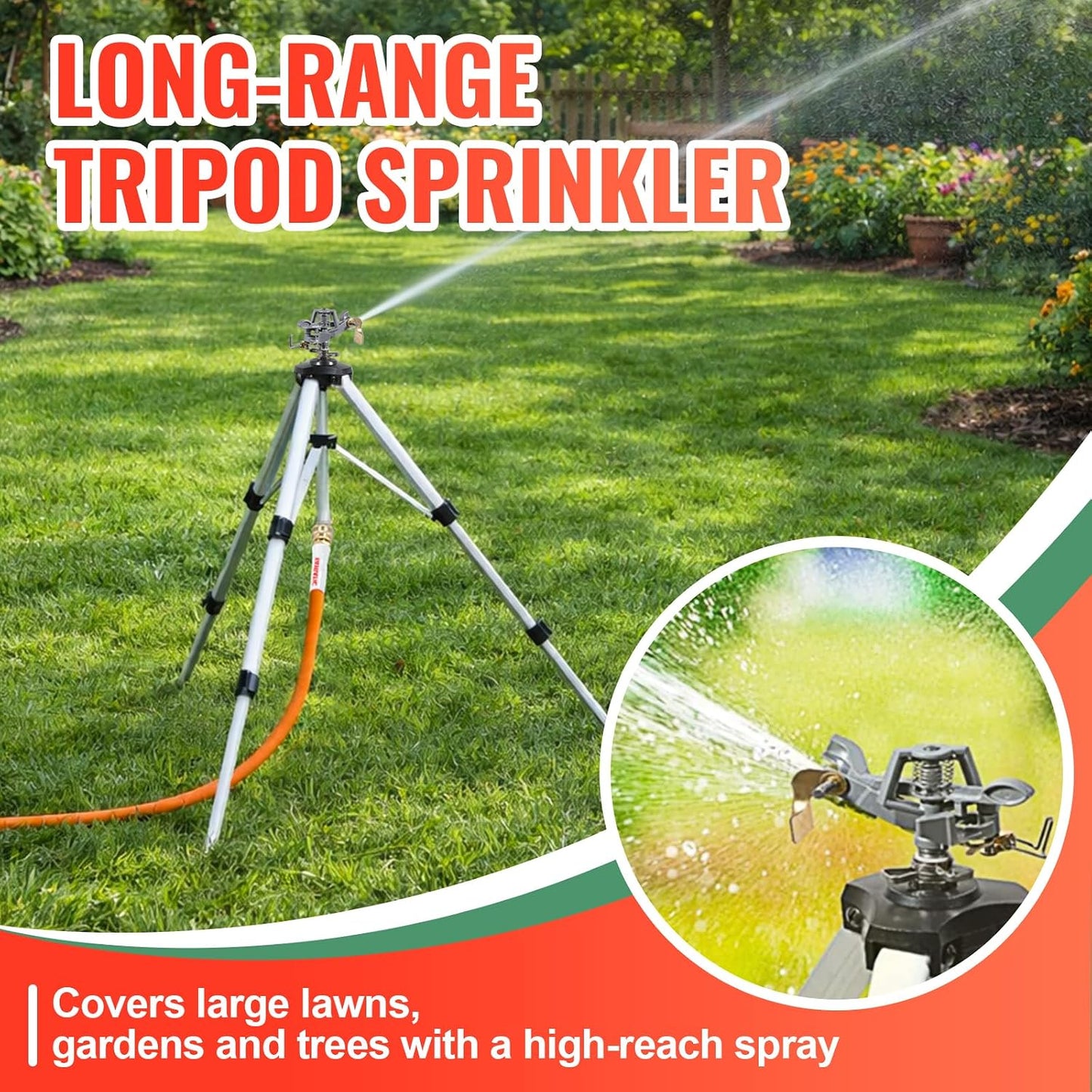 2 Pcs Impact Sprinkler on Adjustable Tripod Base, 360 Degree Large Area, Heavy Duty Adjustable Pulsator Sprinkler for Lawn, Yard and Grass Irrigation, Spray up to 20-90ft